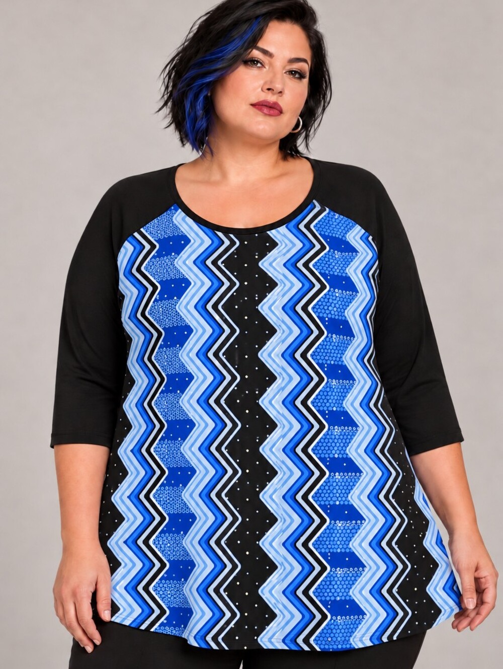 Blue Chevron Pattern 3/4 Length Sleeve Top